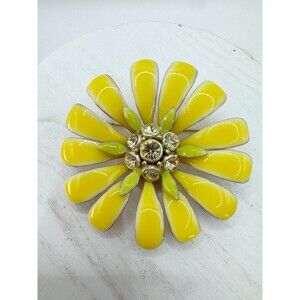 Vintage Talbots Yellow Green Enamel Rhinestone Daisy Flower Brooch Mod Retro